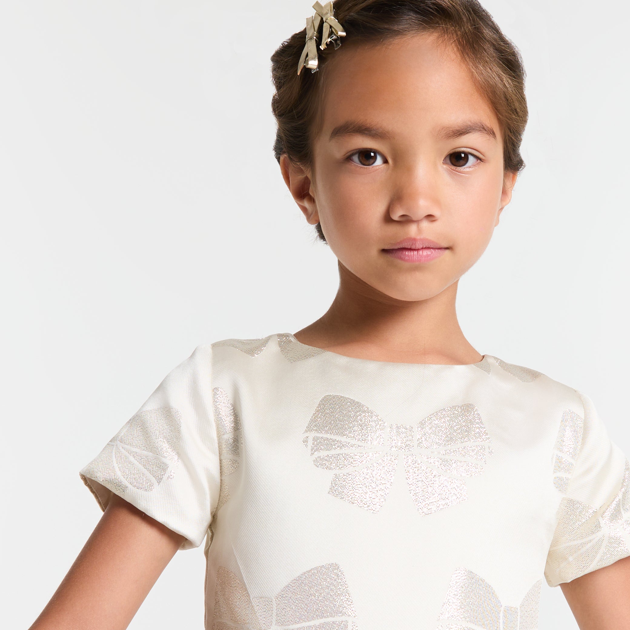 Girl dress jacquard bow - ivoire