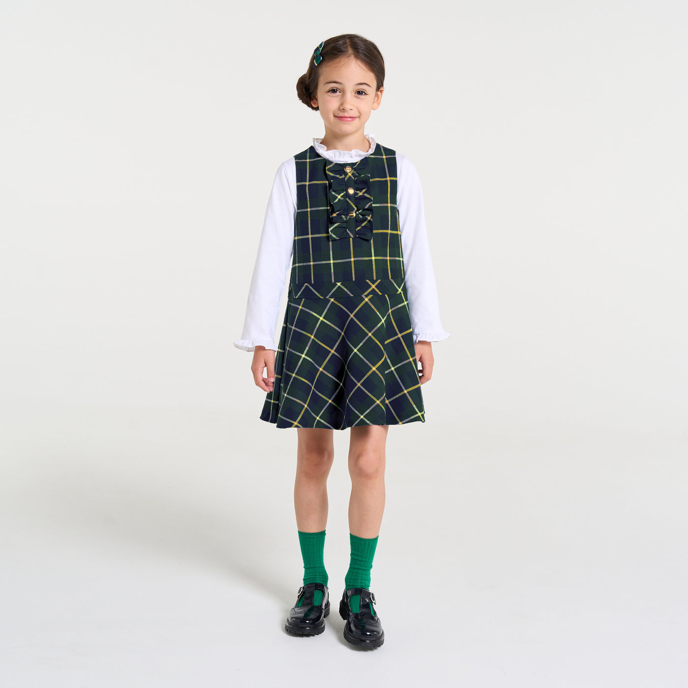 Girl pinafore dress in flannel vert/multico