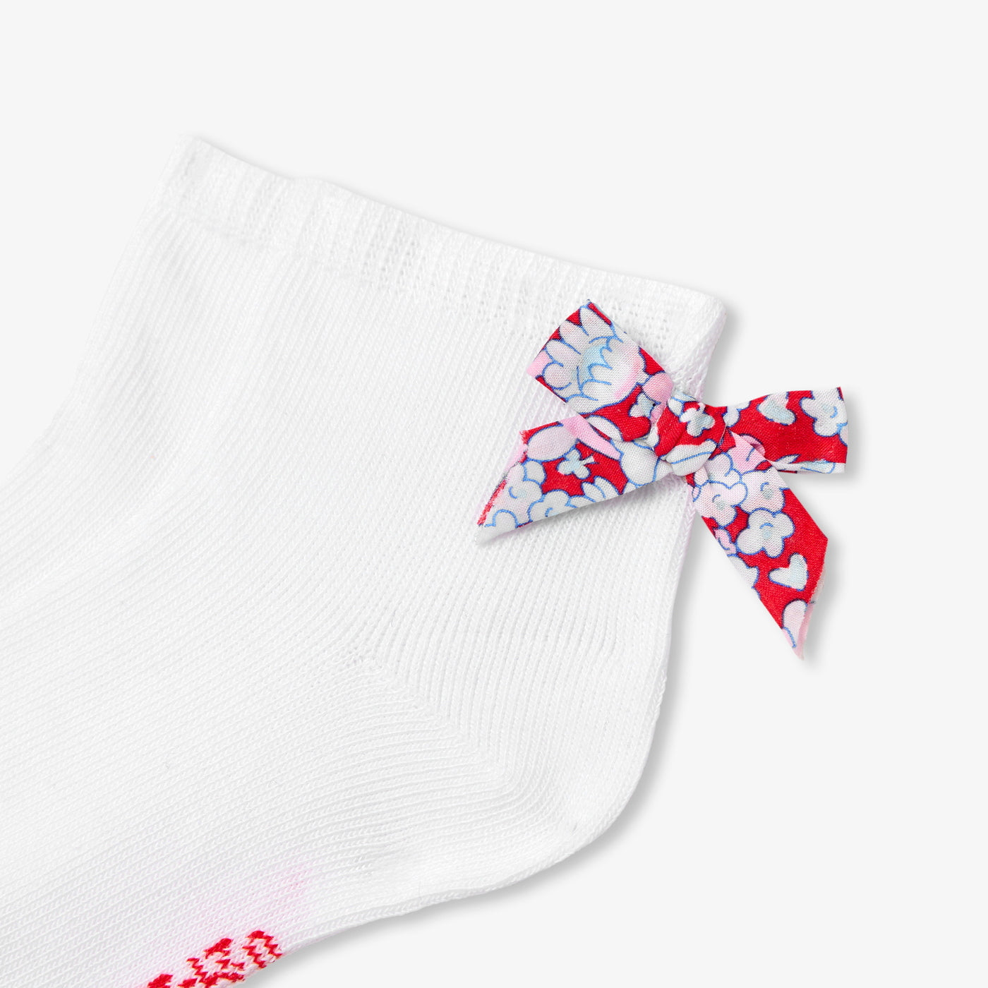 Baby girl socks with Liberty fabric bow - blanc/rouge