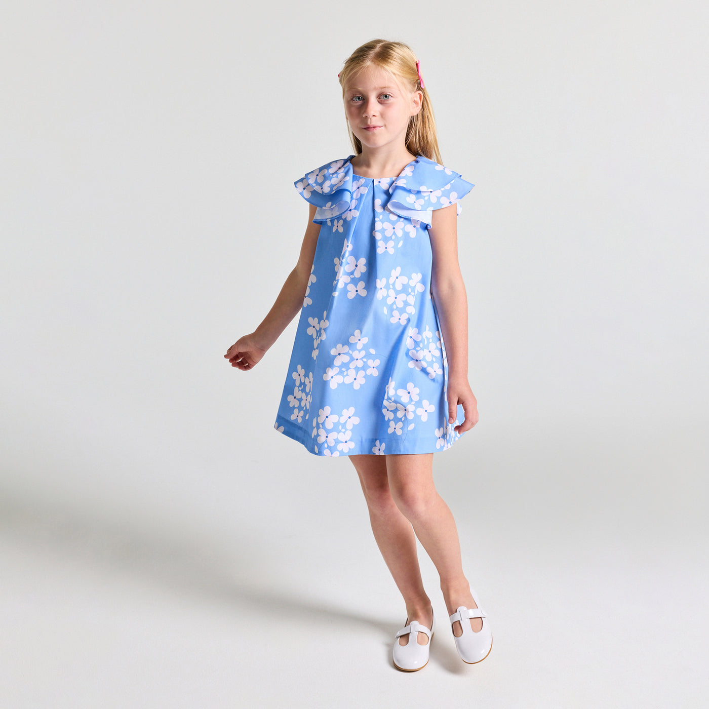Girl floral print poplin dress - bleu/multico