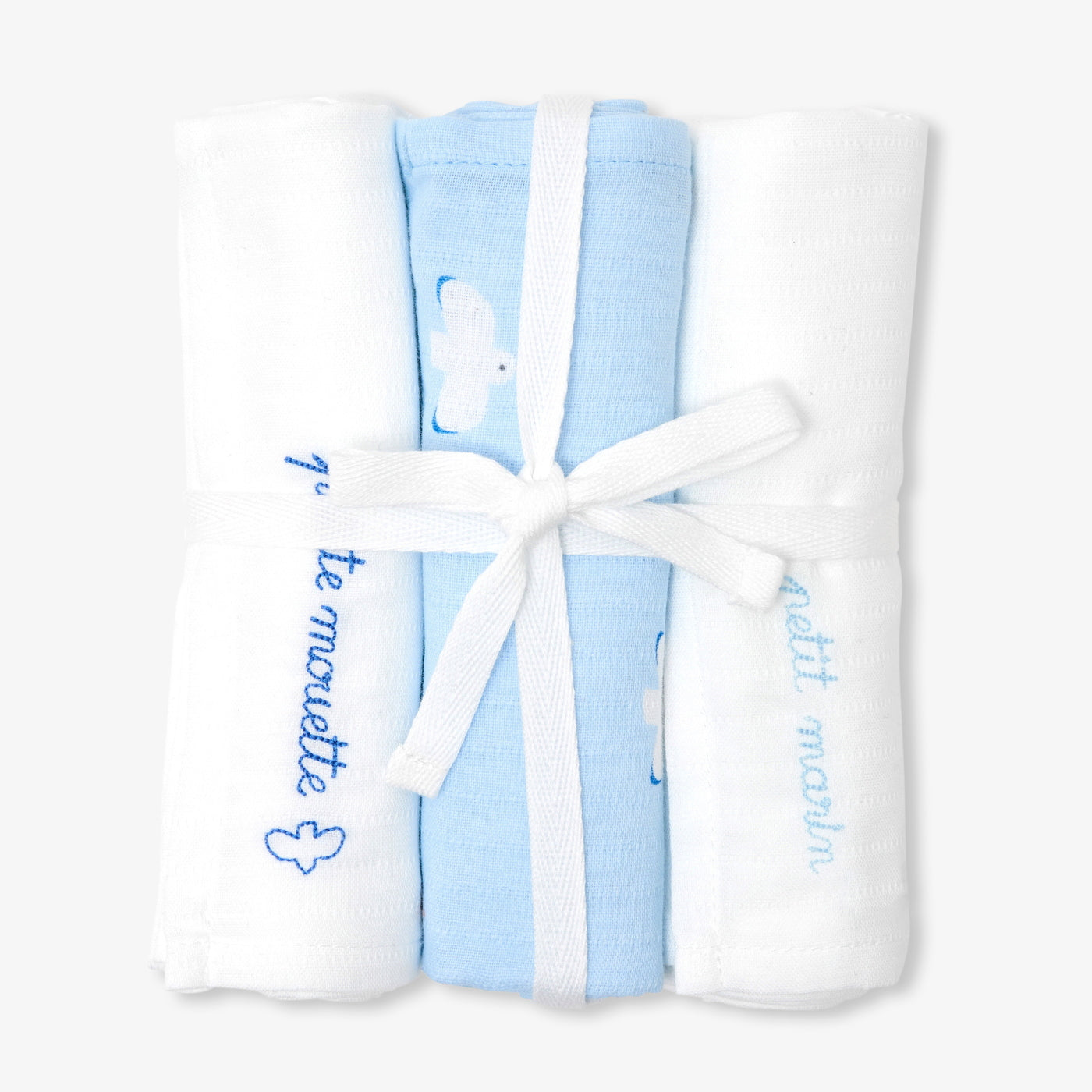 Set of 3 cotton swaddling clothes - blanc/bleu
