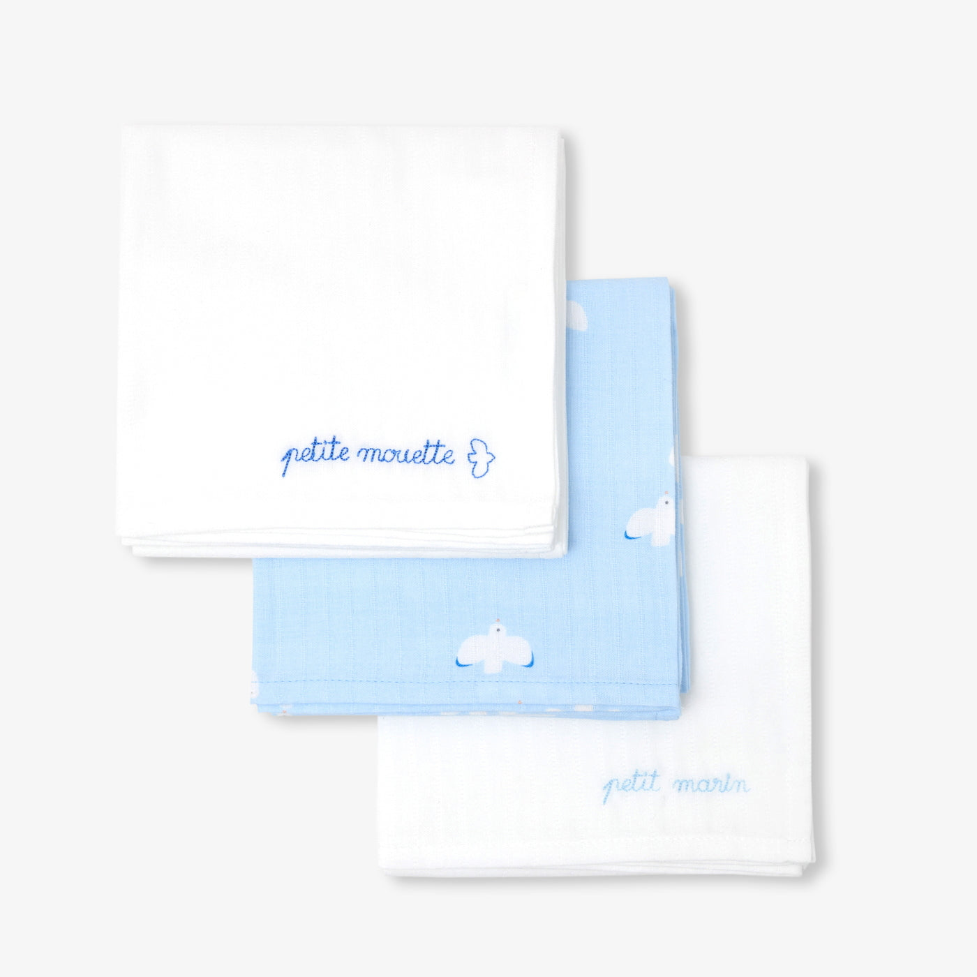 Set of 3 cotton swaddling clothes - blanc/bleu