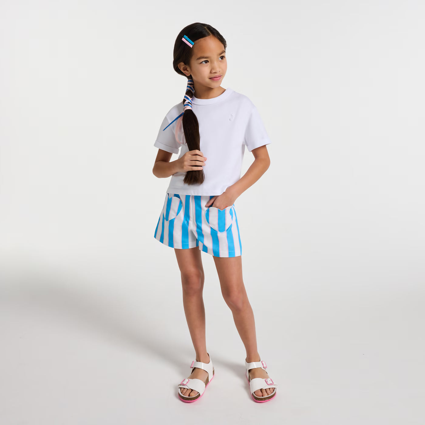 Girl striped twill shorts - bleu/multico