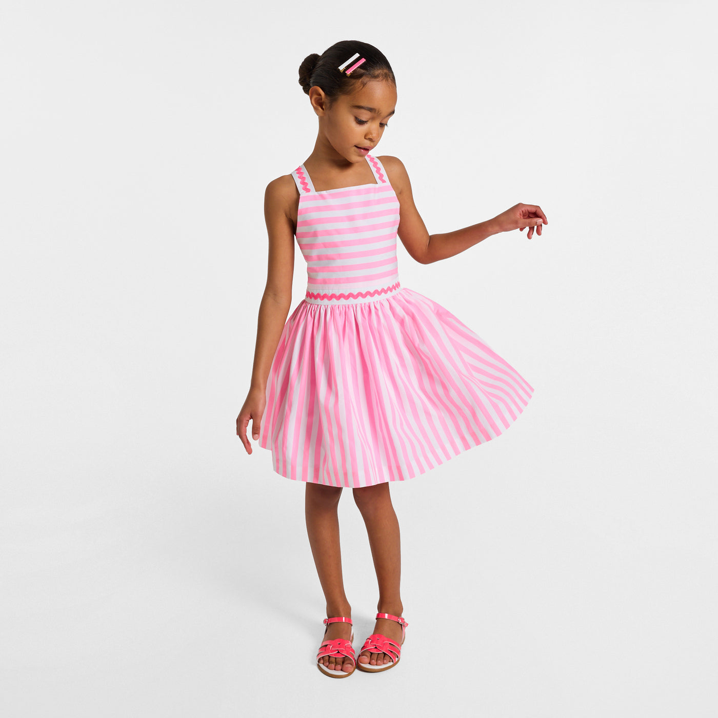 Girl striped poplin dress - rose/blanc