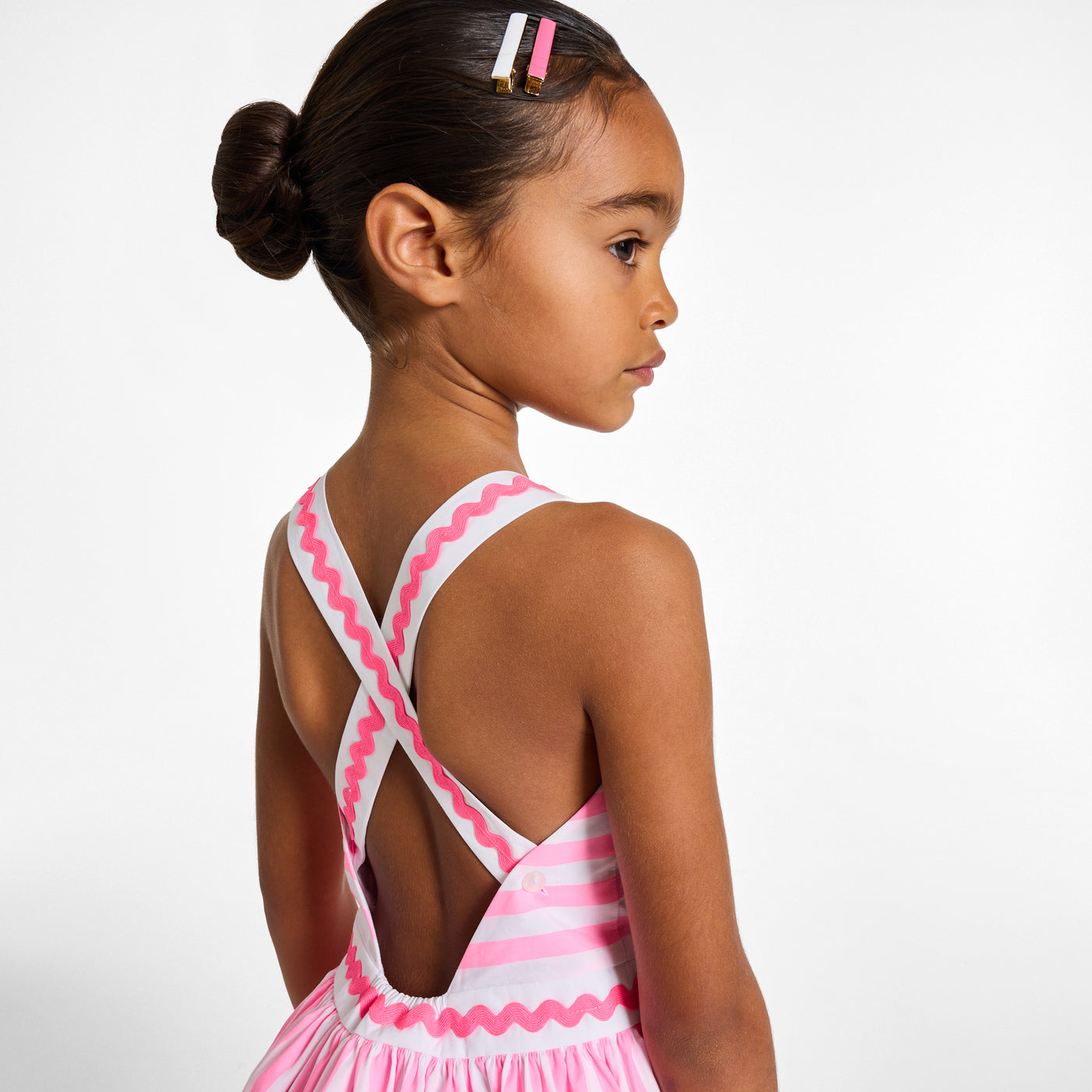 Girl striped poplin dress - rose/blanc