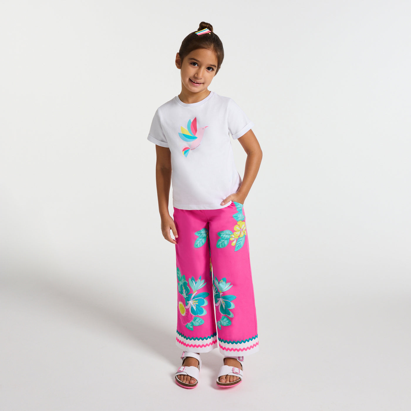 Girl wide-leg poplin trousers - rose/multico