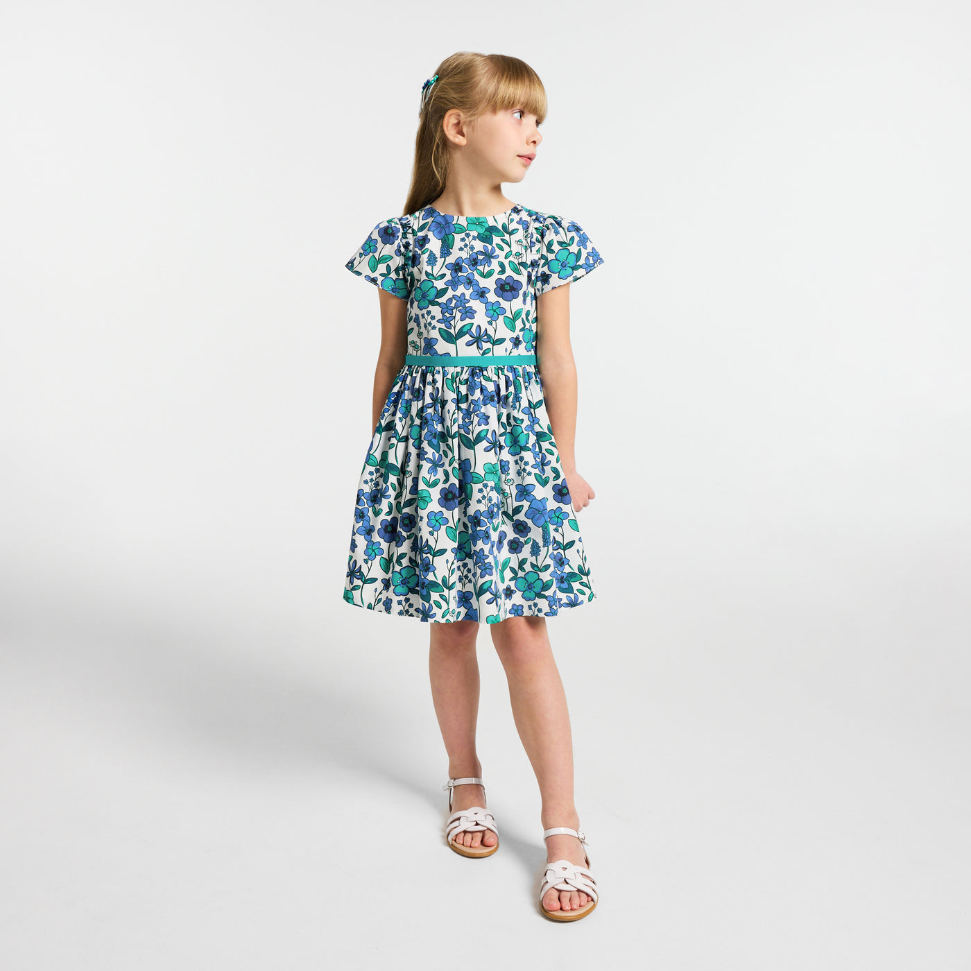 Girl floral print poplin dress - blanc/multico