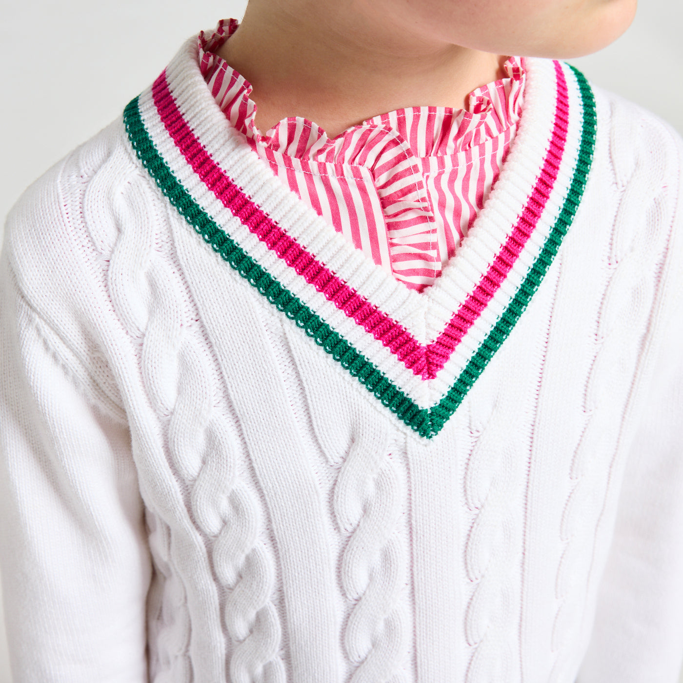 Girl cable-knit V-neck jumper - blanc doux/multico