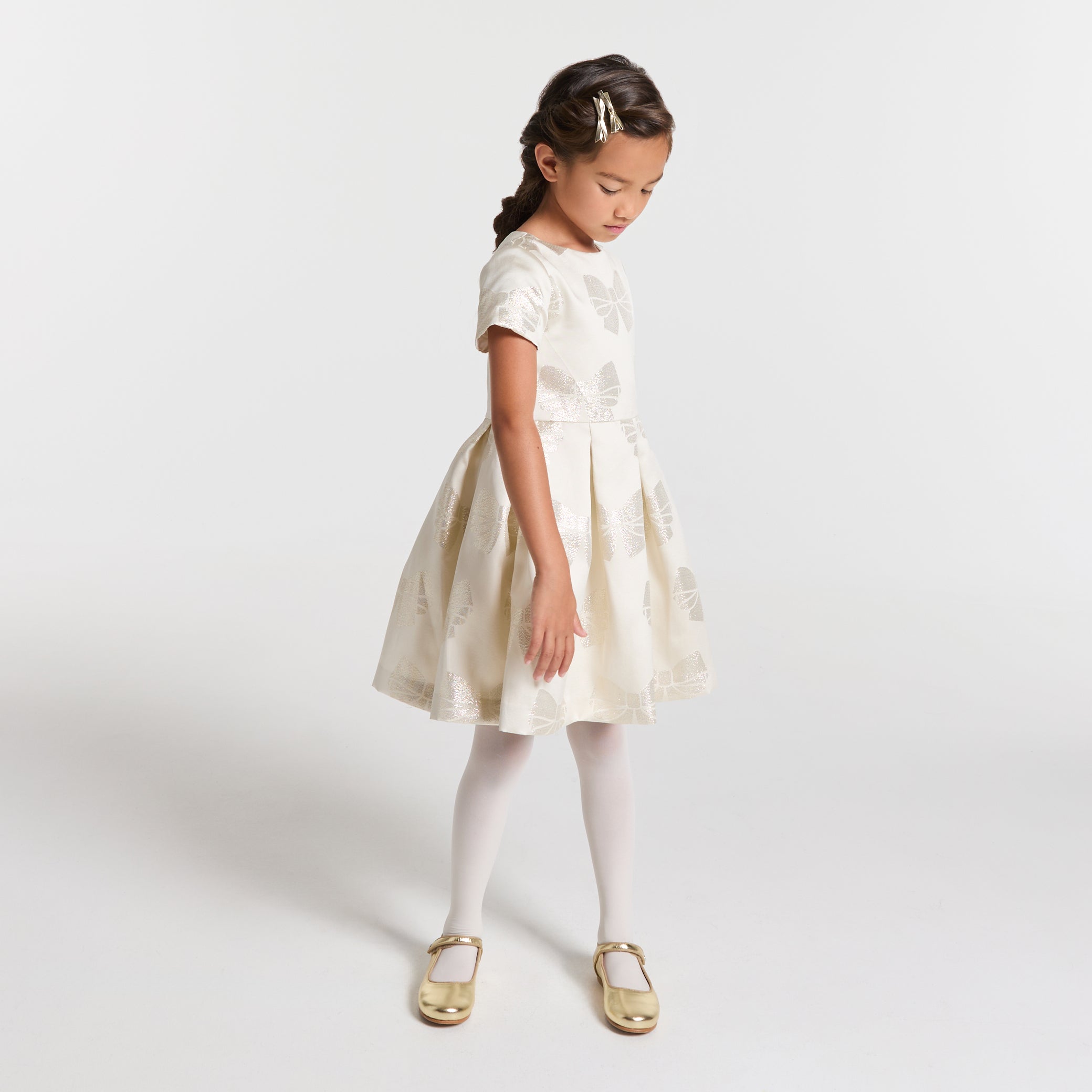 Girl dress jacquard bow - ivoire