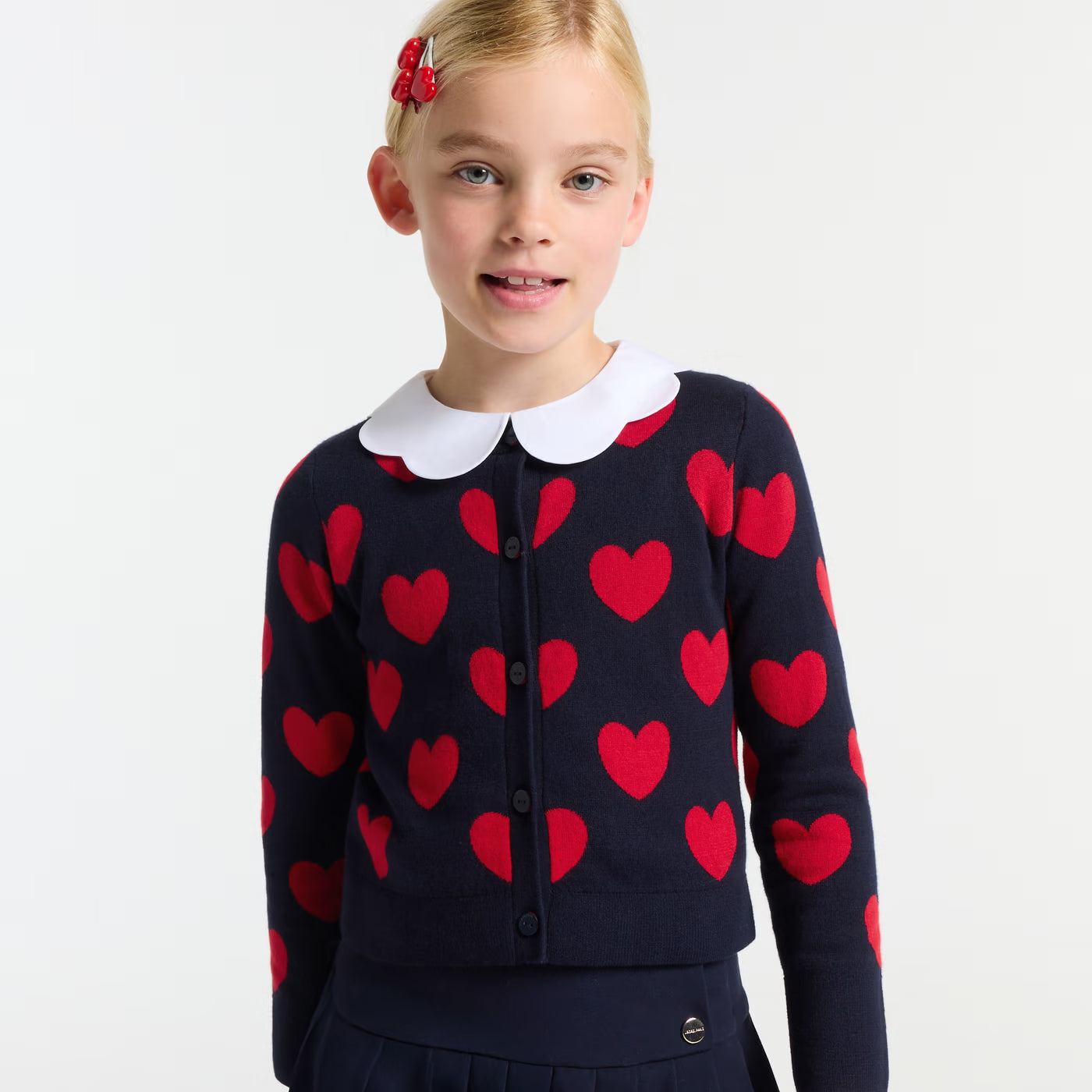 Girl jacquard heart cardigan - marine/rouge
