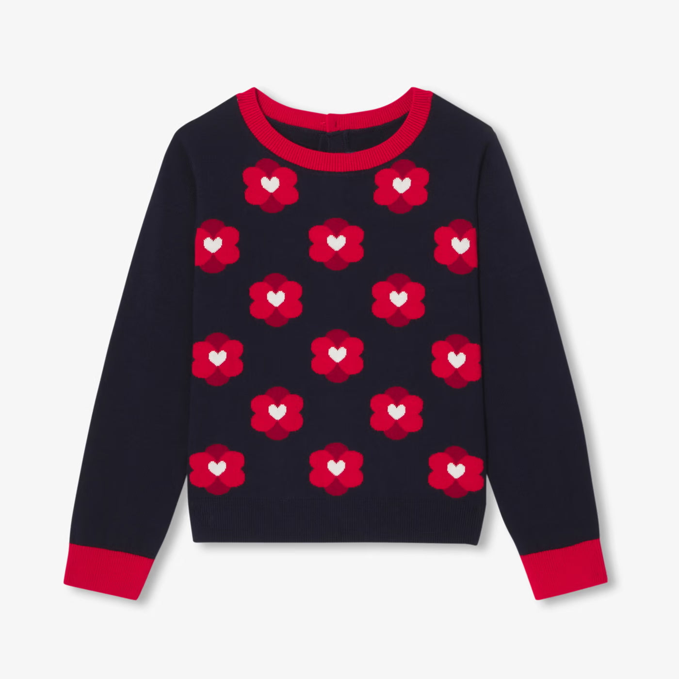 Girl jacquard flower sweater - marine/rouge