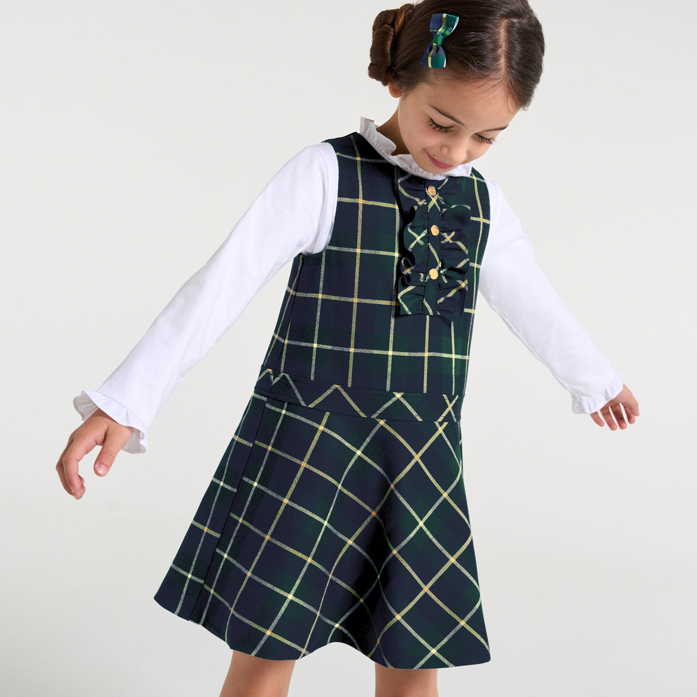 Girl pinafore dress in flannel - vert/multico