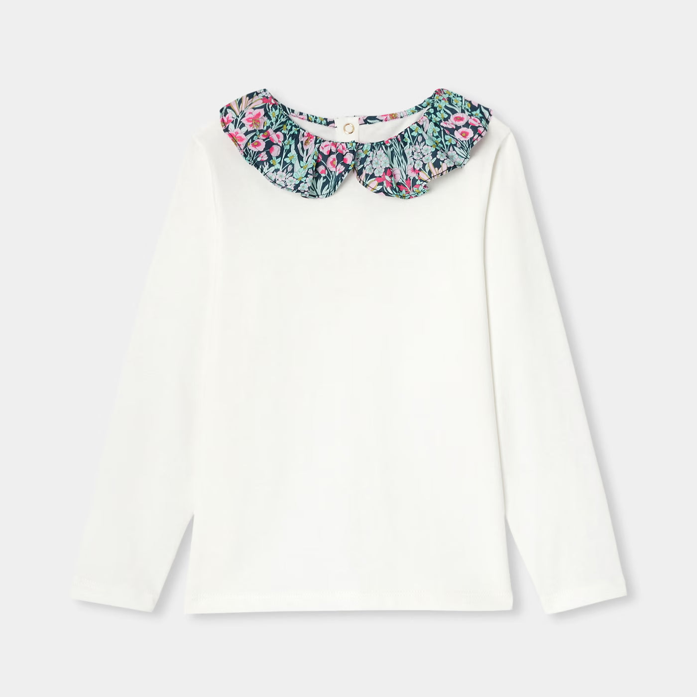 Girl T-shirt with Liberty fabric collar - blanc doux jacadi