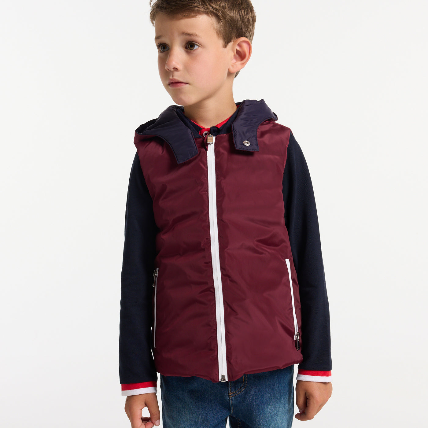 Boy reversible sleeveless down jacket - marine/bordeaux