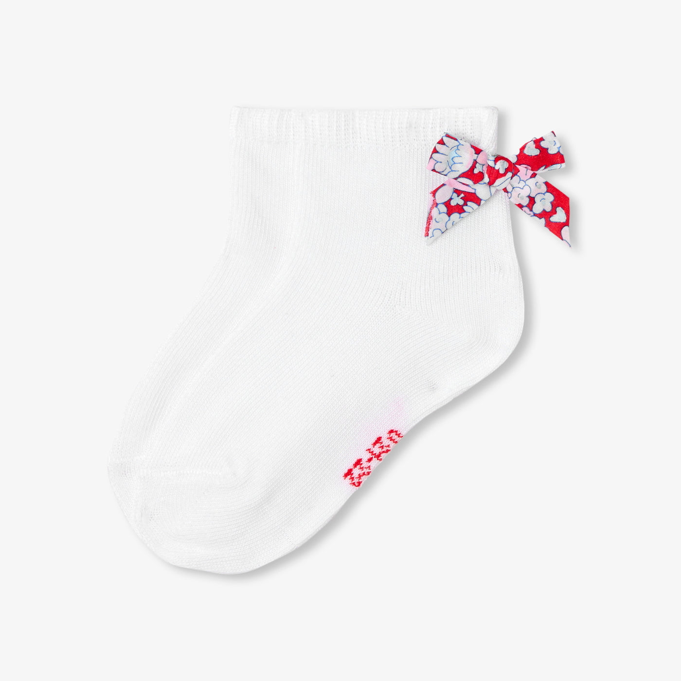 Baby girl socks with Liberty fabric bow - blanc/rouge