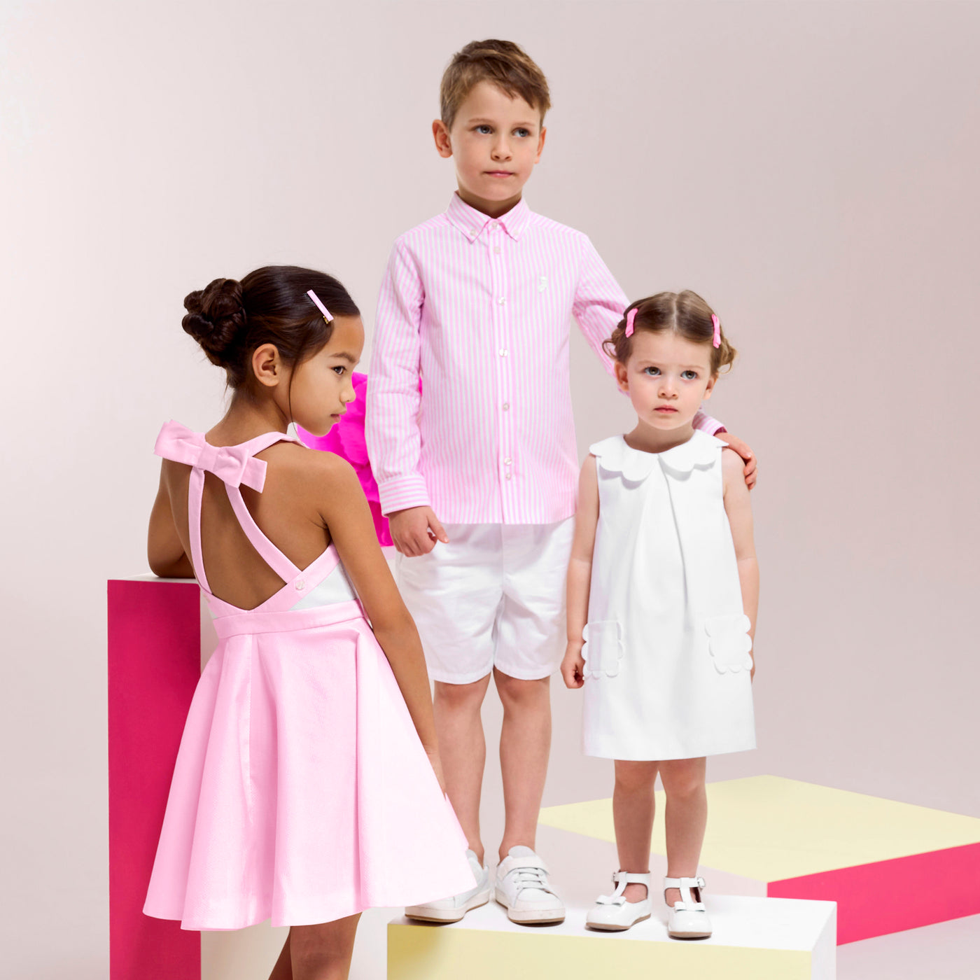 Girl ceremony dress in honeycomb cotton - blanc/rose