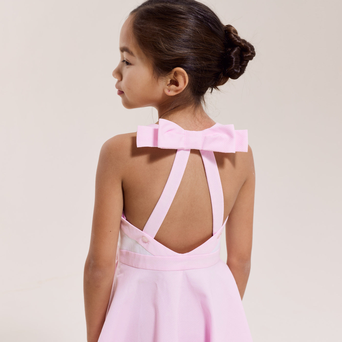 Girl ceremony dress in honeycomb cotton - blanc/rose