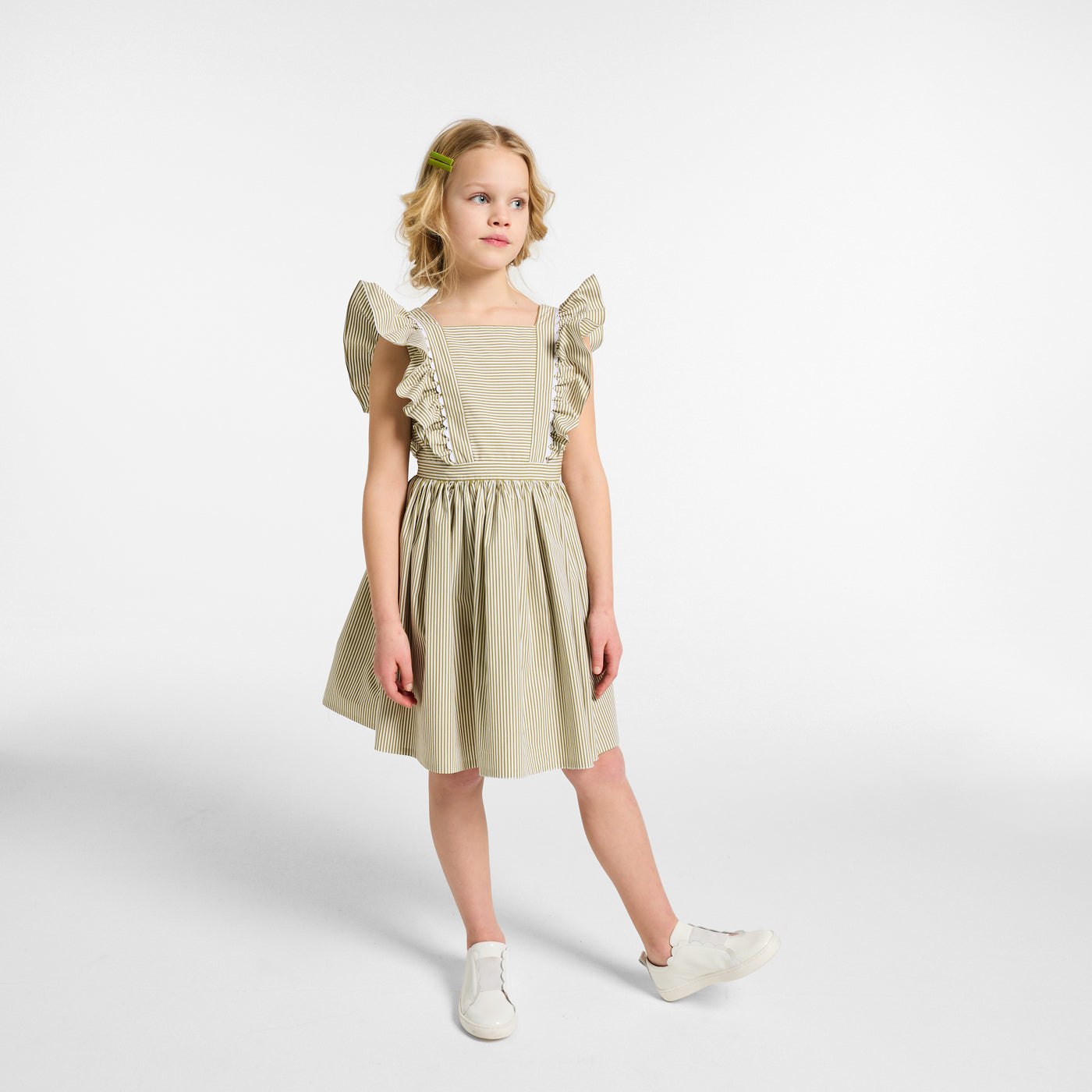 Girl striped poplin dress - blanc/vert