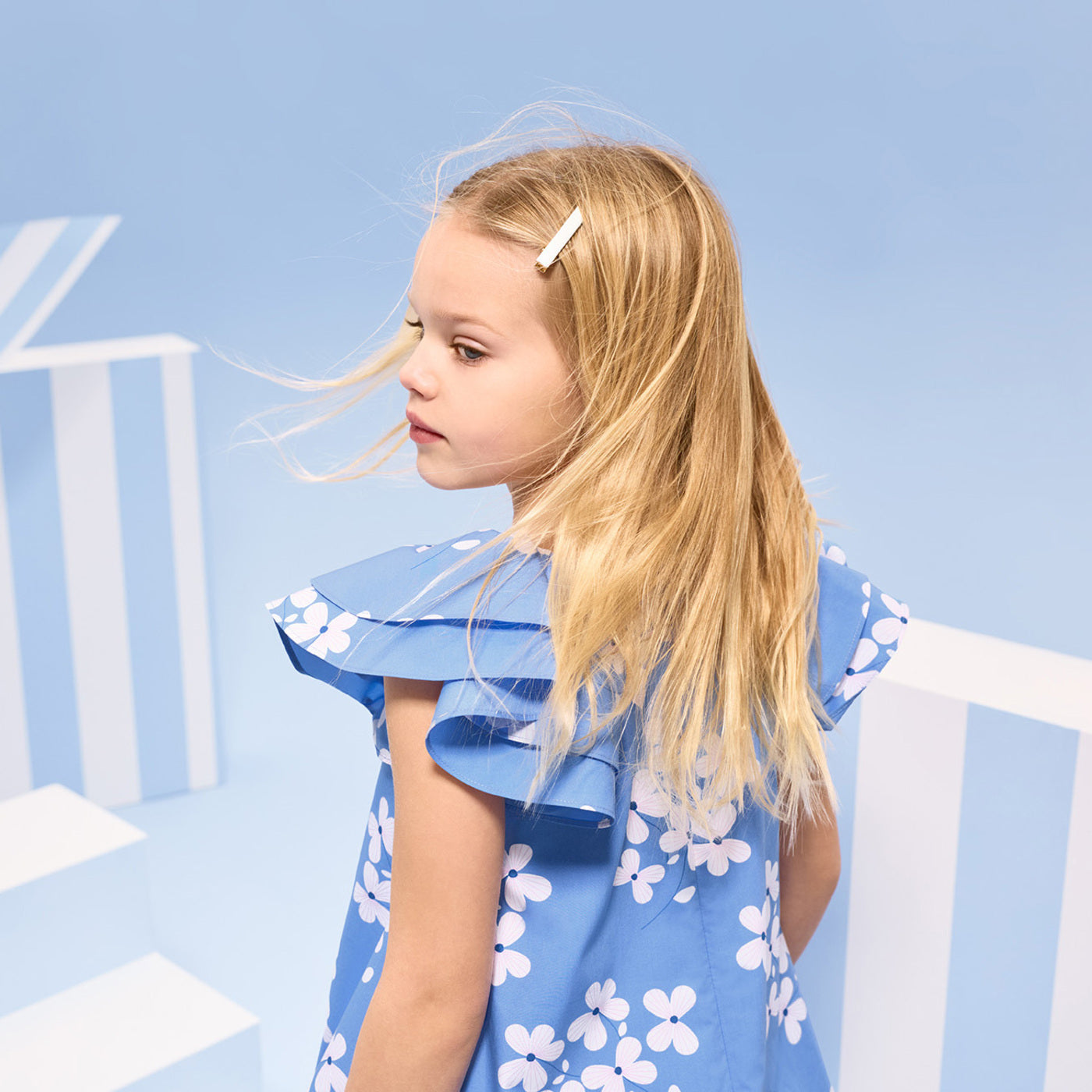 Girl floral print poplin dress - bleu/multico