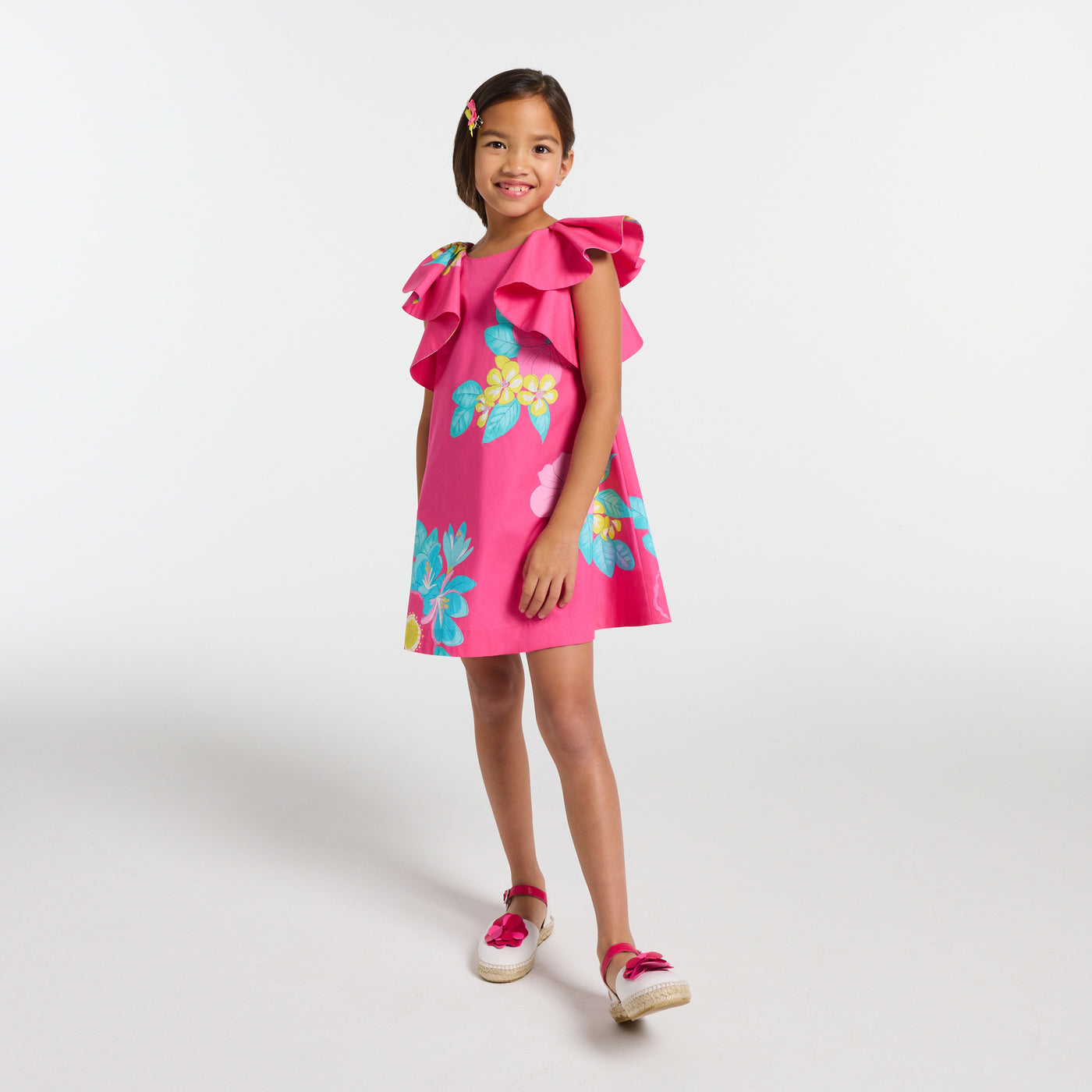 Girl floral print poplin dress - rose bubble
