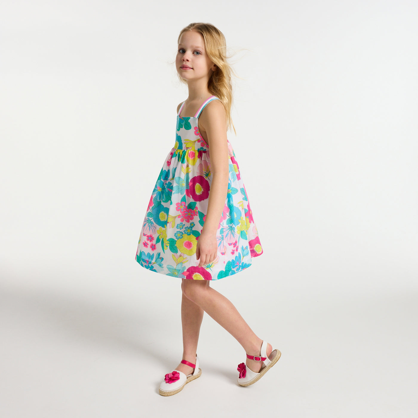 Girl sleeveless poplin dress - blanc/multico