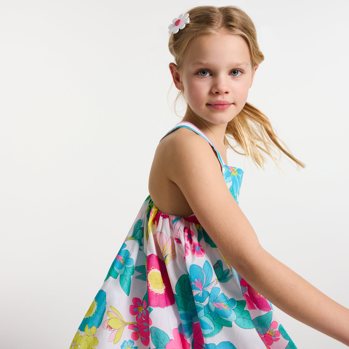 Girl sleeveless poplin dress - blanc/multico
