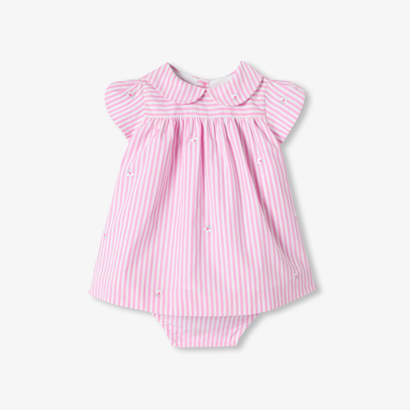 Baby girl short-sleeved striped poplin dress - rose/blanc