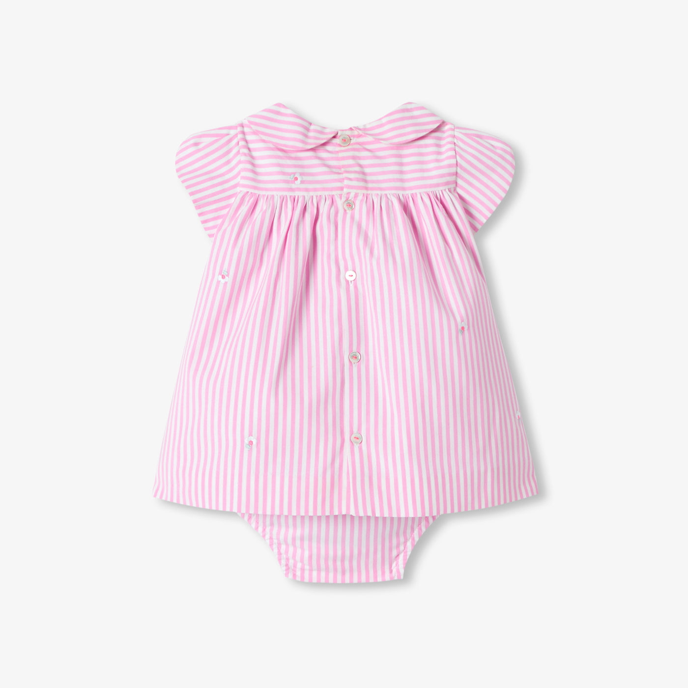 Baby girl short-sleeved striped poplin dress - rose/blanc