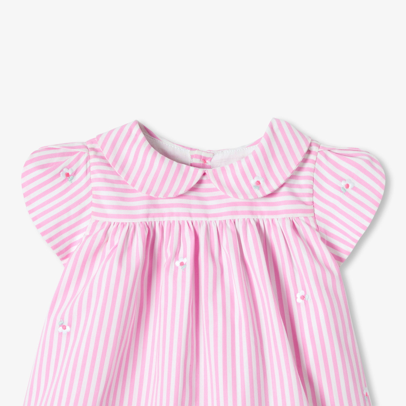 Baby girl short-sleeved striped poplin dress - rose/blanc