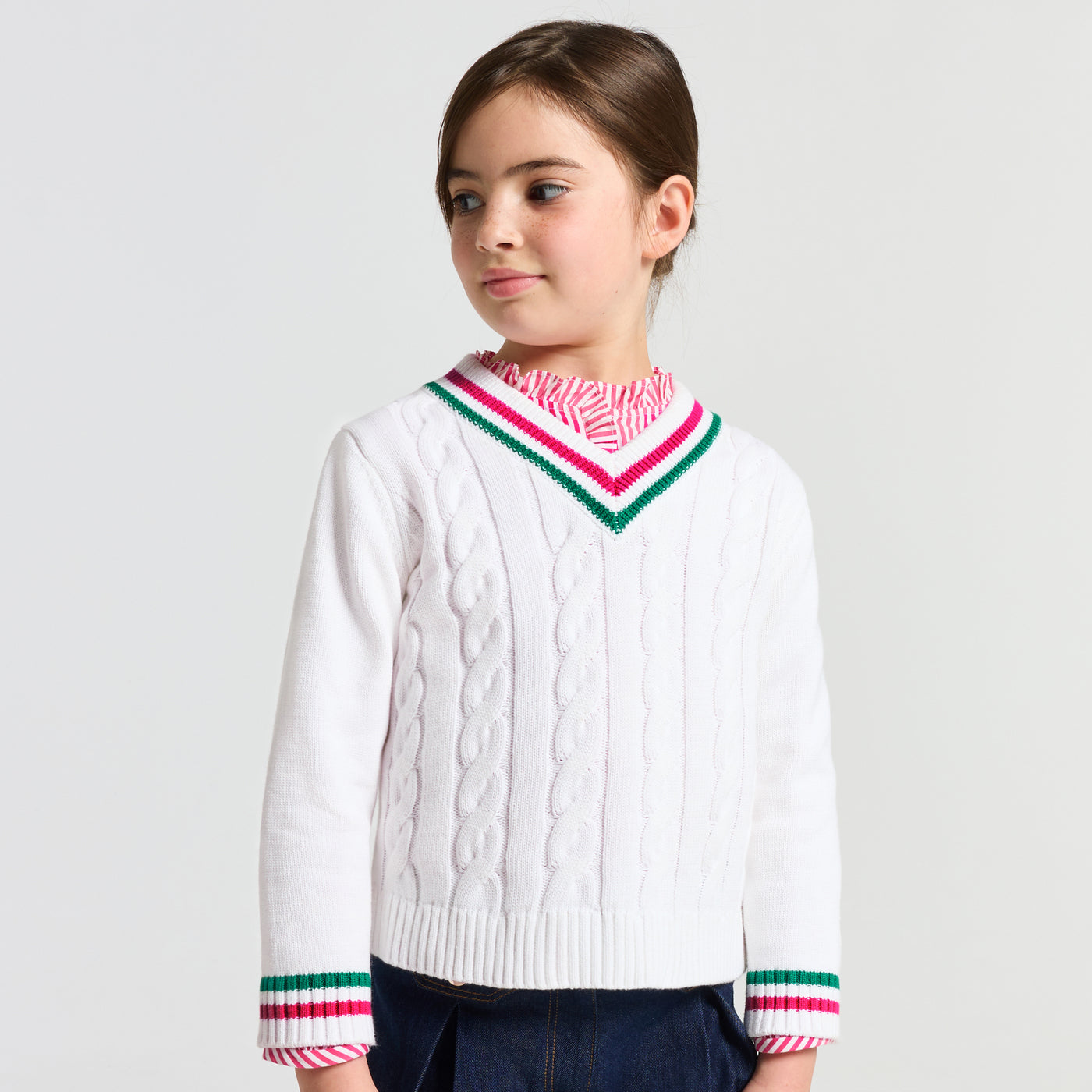 Girl cable-knit V-neck jumper - blanc doux/multico
