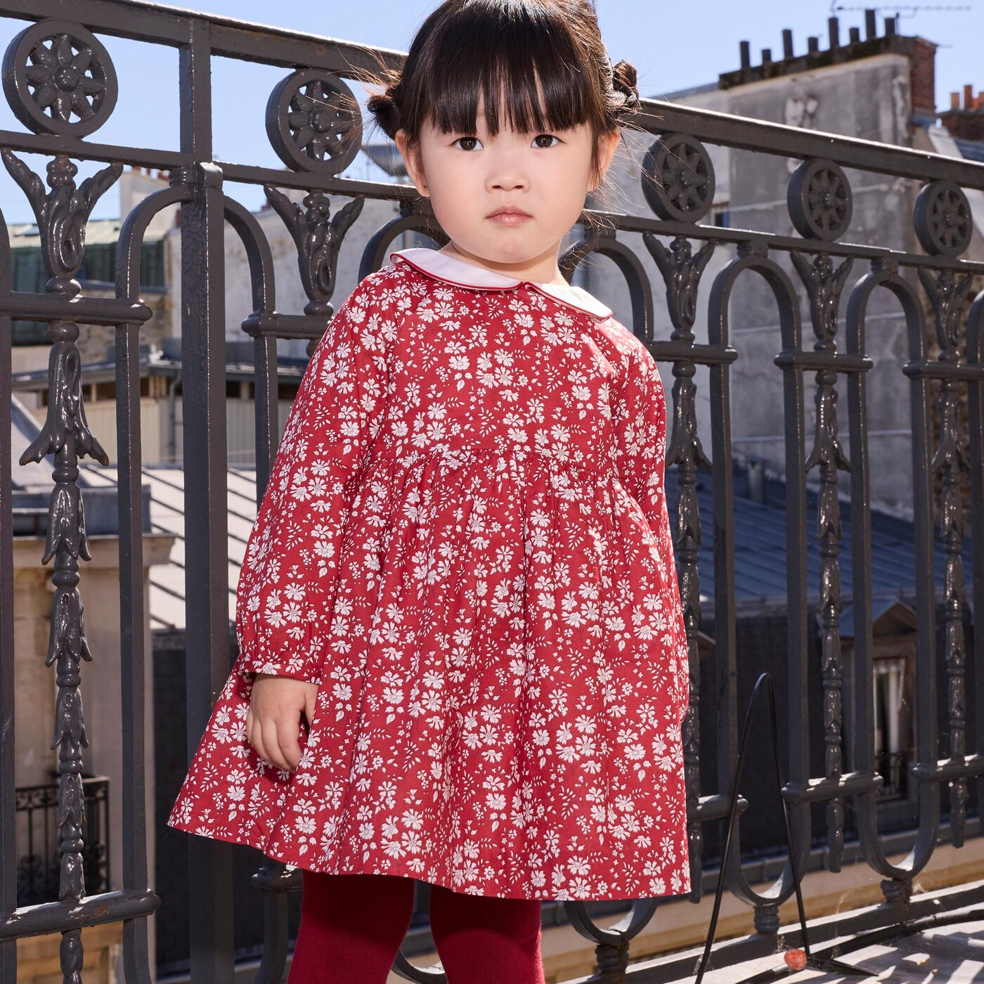 Baby girl long-sleeved dress in Liberty fabric - rouge/blanc